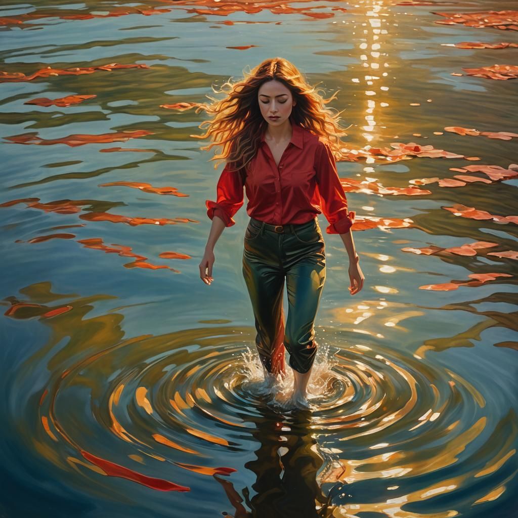 Woman Walks on Water in Surreal Oil Painting