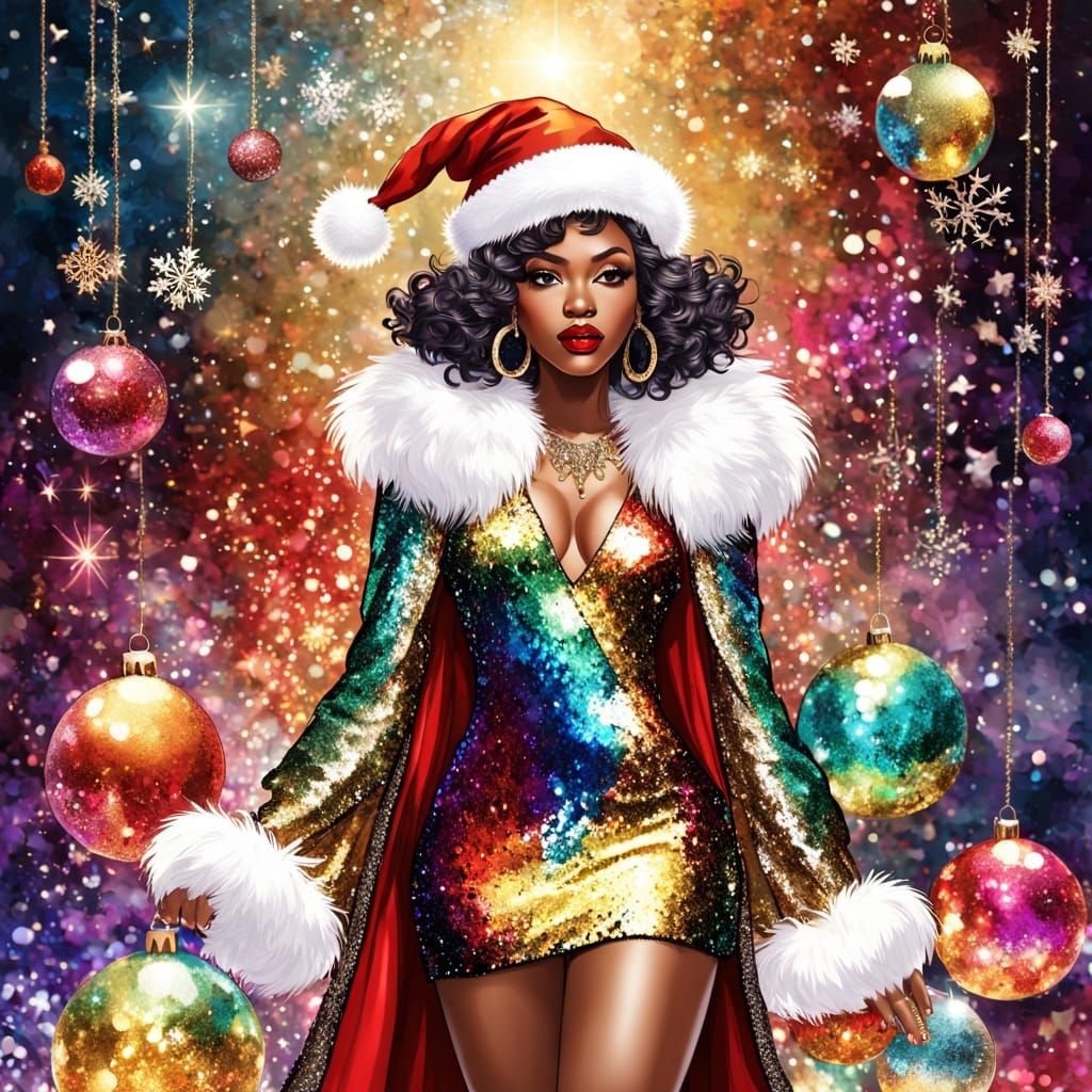 Glamorous Black woman, full body, rainbow sequin mini dress with white fur trim, Santa hat, holding two large glitter Christmas ornaments (m...