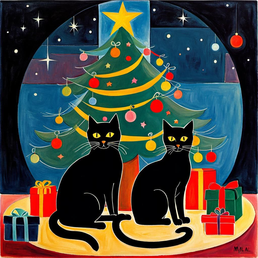 Two Black Cats by Christmas Tree in Modern Art Style