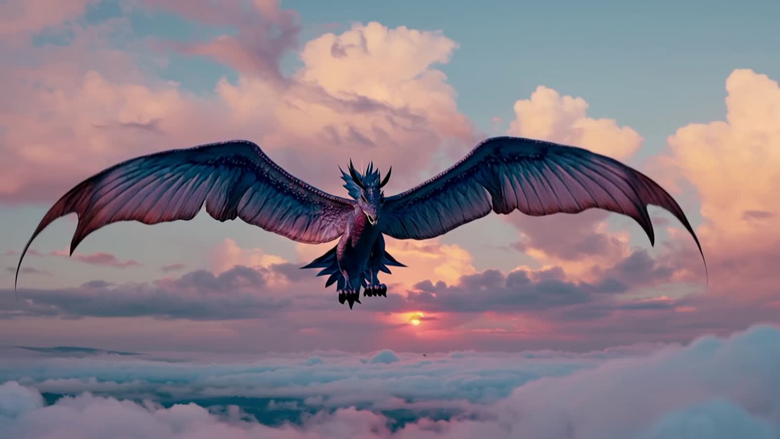 A majestic female dragon with scales that shimmer like amethyst, soaring through a lavender sky filled with cotton candy...