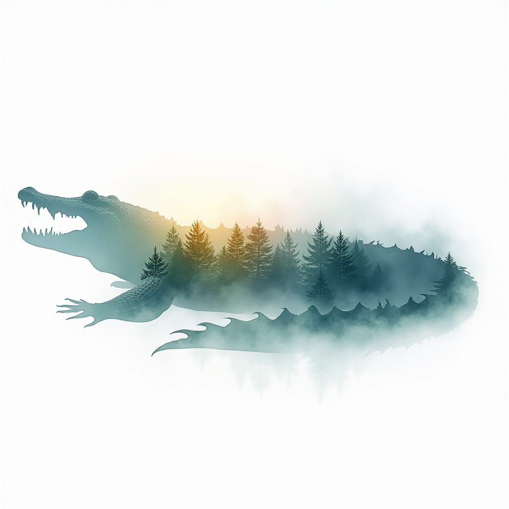 Crocodile Double Exposure: Emerald Forest in Silhouette