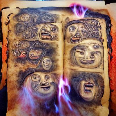 Terrifying faces engulf a flaming page from an ancient book of spells.