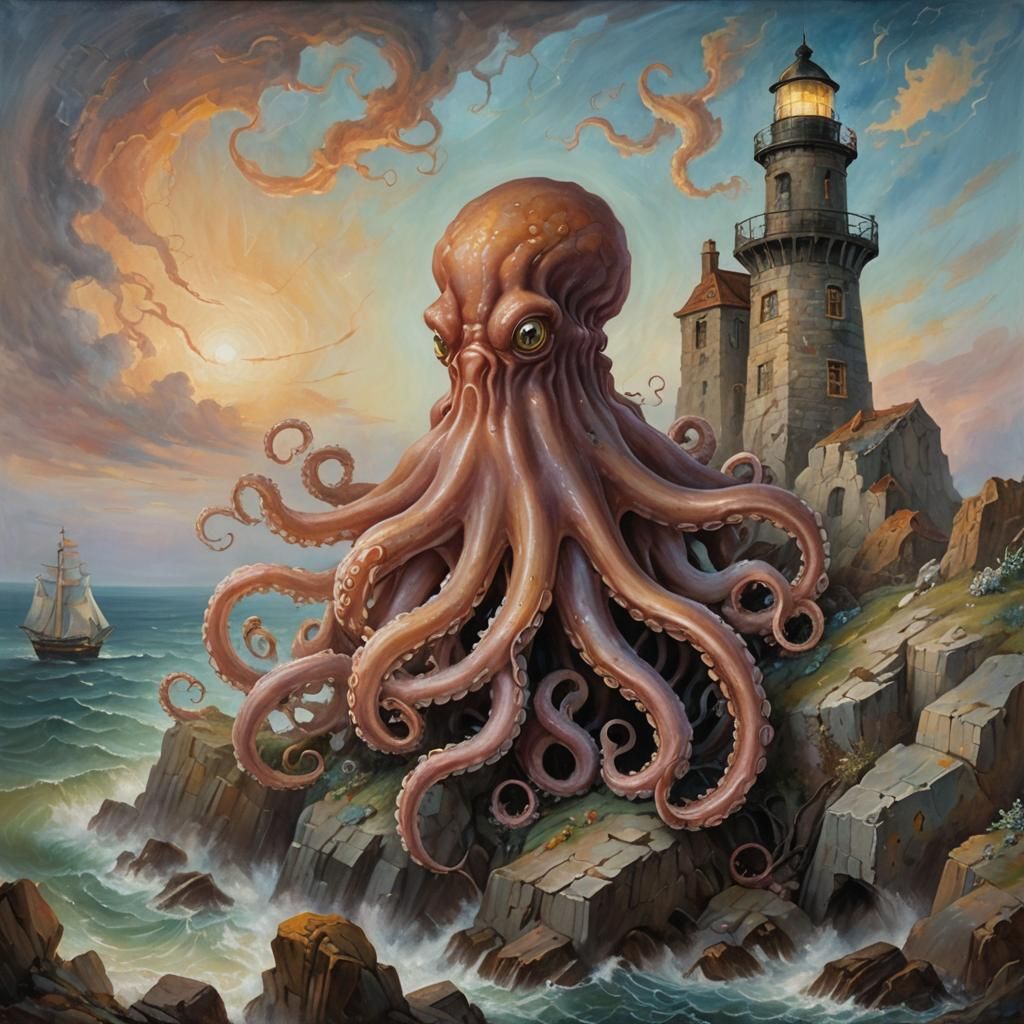 Giant Octopus Envelops Lighthouse: Whimsical Oil Painting