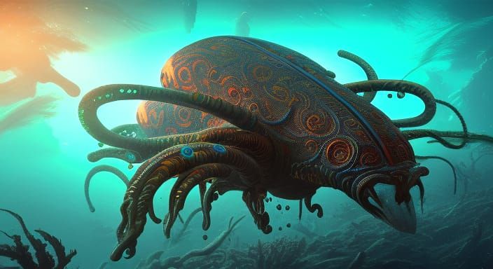 very strange alien marine life underwater, deep colors, fantastical ...