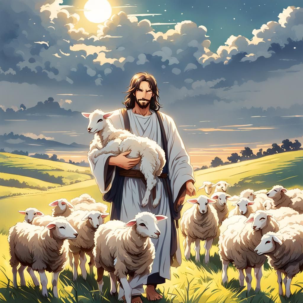 Jesus Christ holding a lamb as he shepherds his sheep in a morning-lit ...