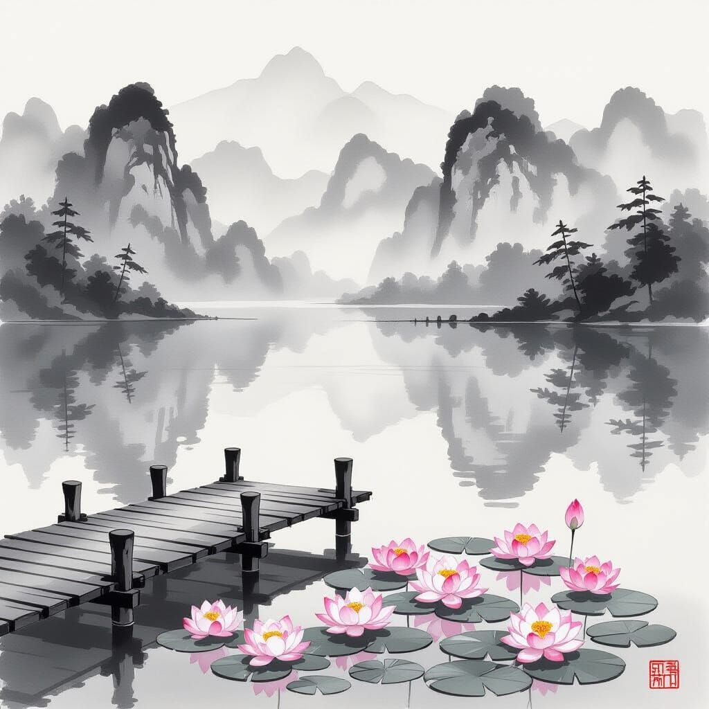 Imagine a beautiful lotus lake with a pier. Mountains in the background shrouded by mist. Chinese ink ...  by @Anna K