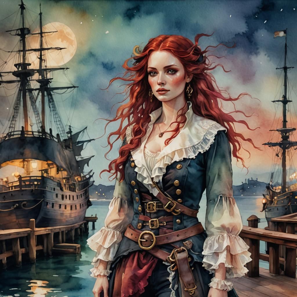 a stunning female pirate, flowing red hair, standing in front of her ship on the pier, stunning clothes, ...  by @Nednut4362