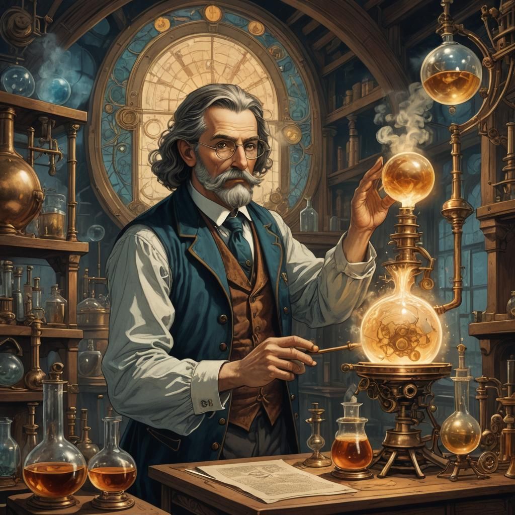 lithograph of a science teacher performing alchemy  by @Mici Gold