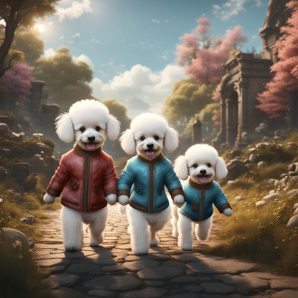 Twin Babies Walking Poodle in Detailed Fantasy Art
