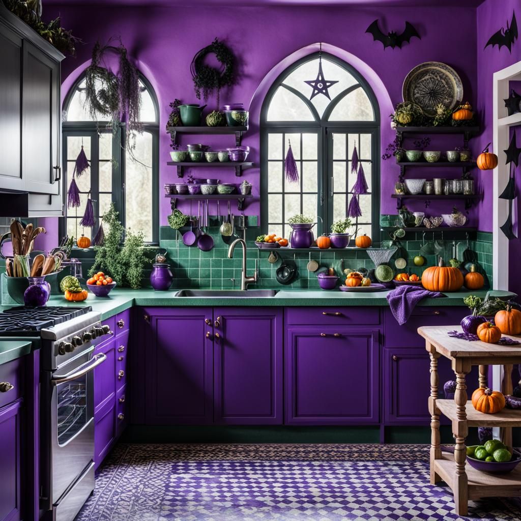 a witchy purple and green kitchen with Mediterranean inspiration that