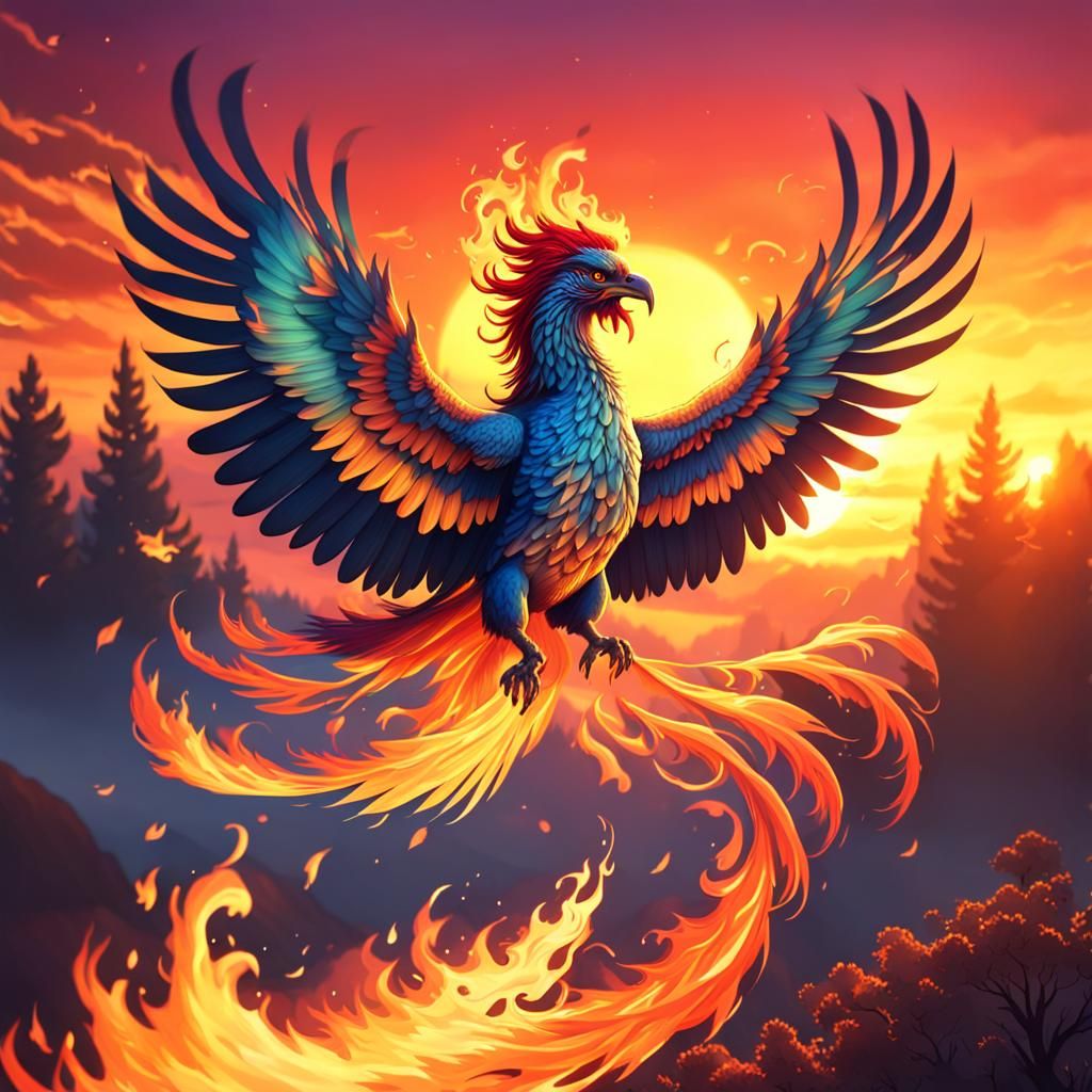 image of a majestic mythical fully flaming phoenix flying gr...