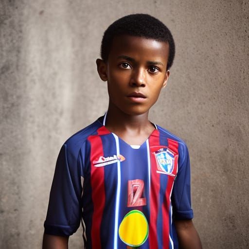 a black boy playing soccer in a favela wearing the shirt of ...