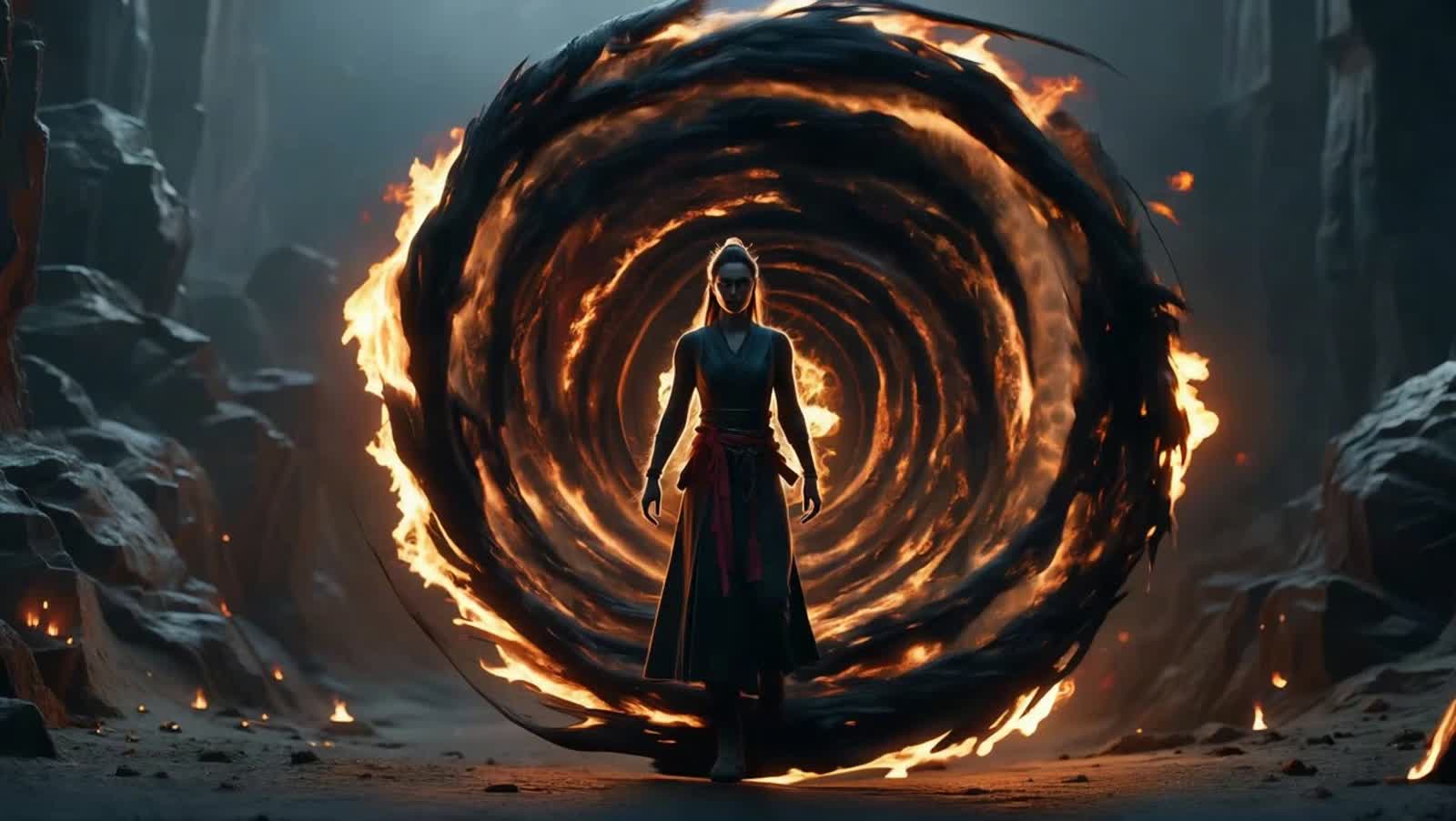 A menacing demon woman silhouette emerges from a swirling vortex of shadow and fire, her form rendered with the stark, g...