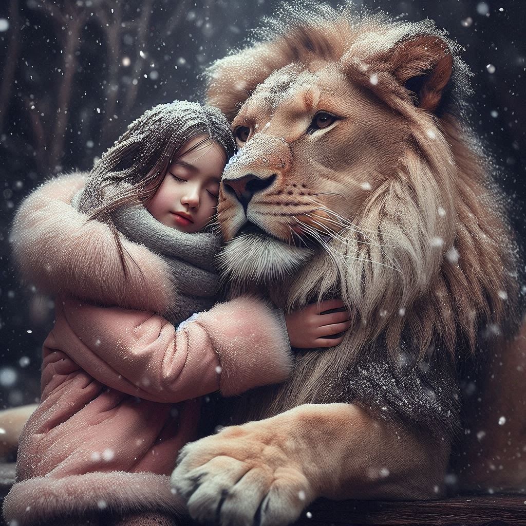 Snowy Hug: Girl and lion bond