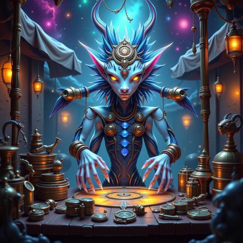 Illustration. An alien merchant, resembling a crystalline structure with multiple glowing eyes, displays peculiar, clockwork-like gadgets at...