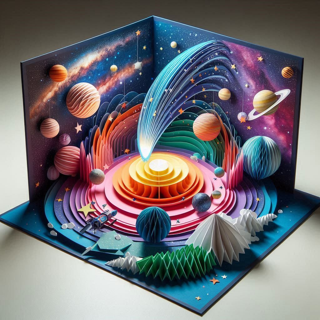 Pop-up book scenes showing a detailed galaxy with milky way, starry and a solar system 14