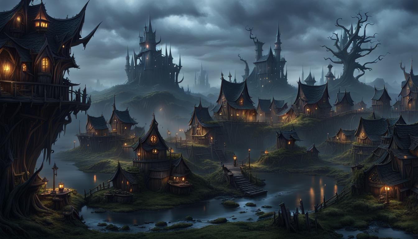 Dark fantasy goblin town located on a small hill surrounded by swamp ...