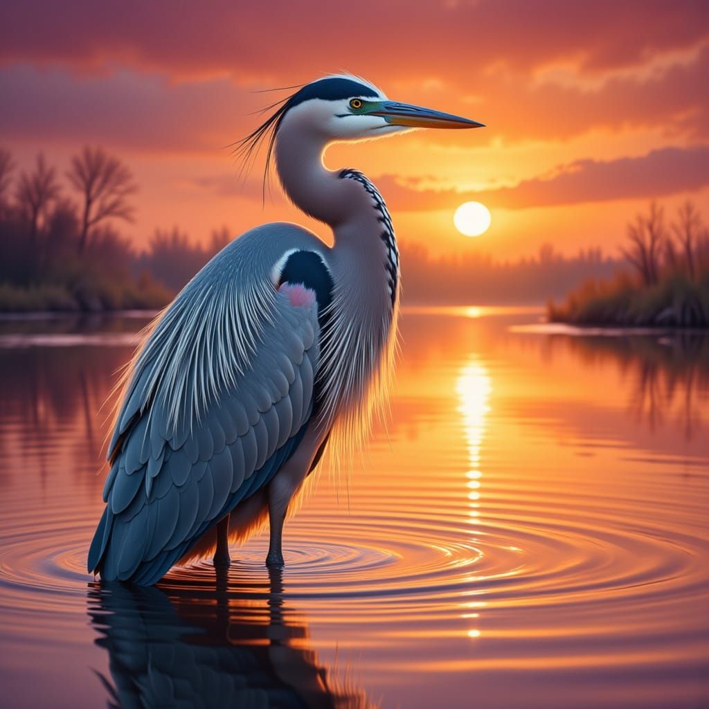 <lora:Heron:1.0>vibrant sunset pond endangered heron tim flach style