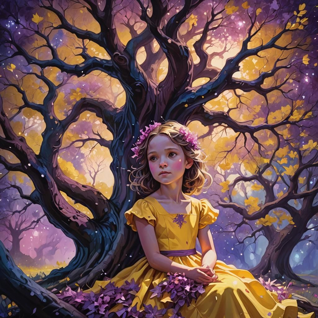 Girl in Violet Forest: Fantasy Art in Oil Painting Style