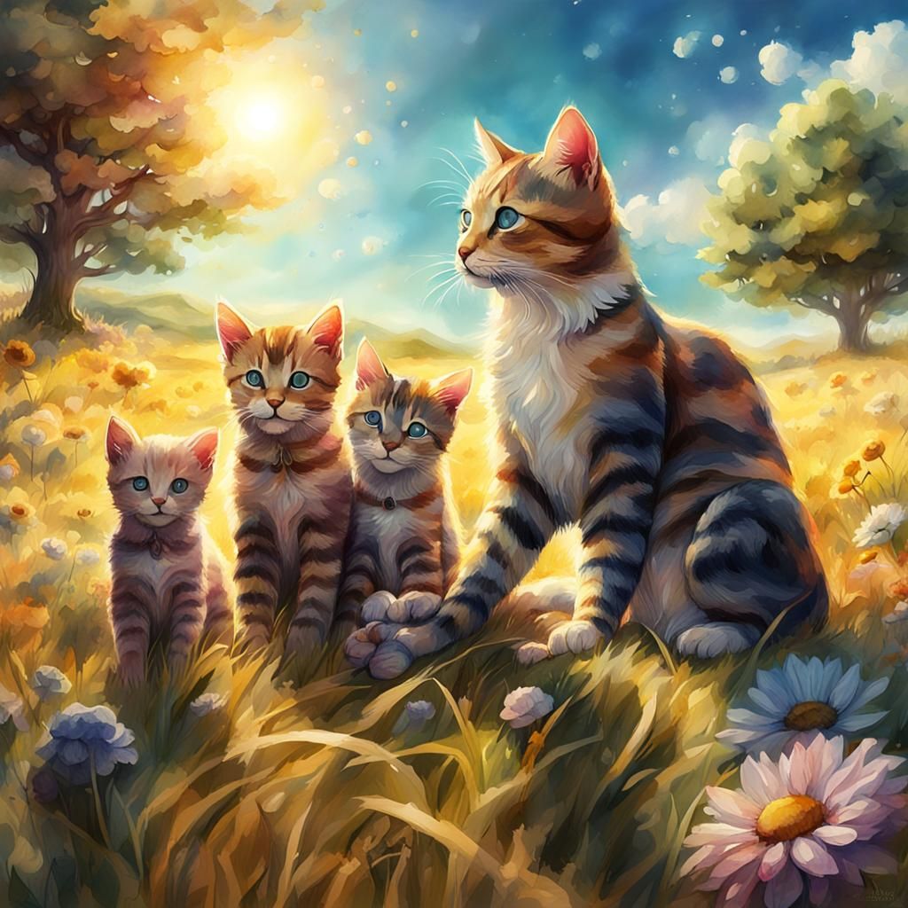 Mother Cat and Kittens in Plaid Meadow
