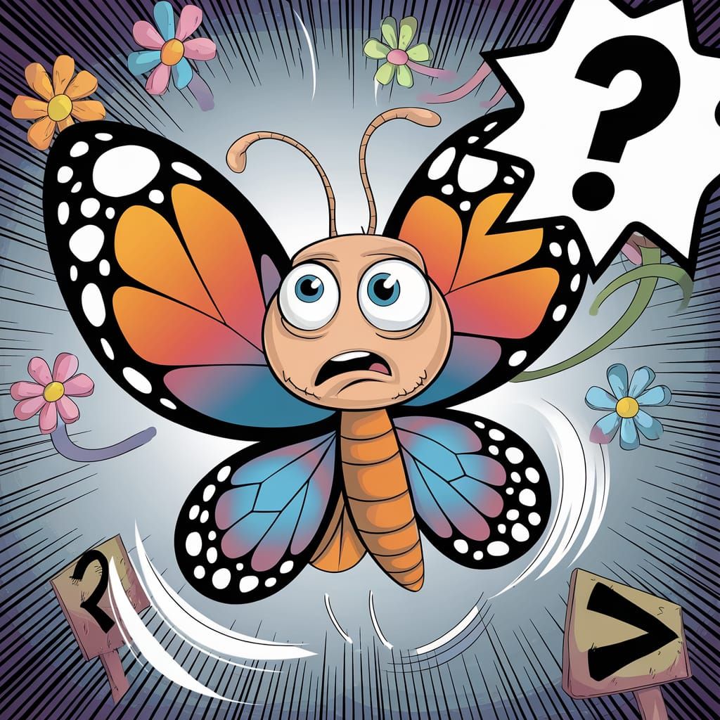 Cartoon Butterfly with Puzzled Expression in Comic Style