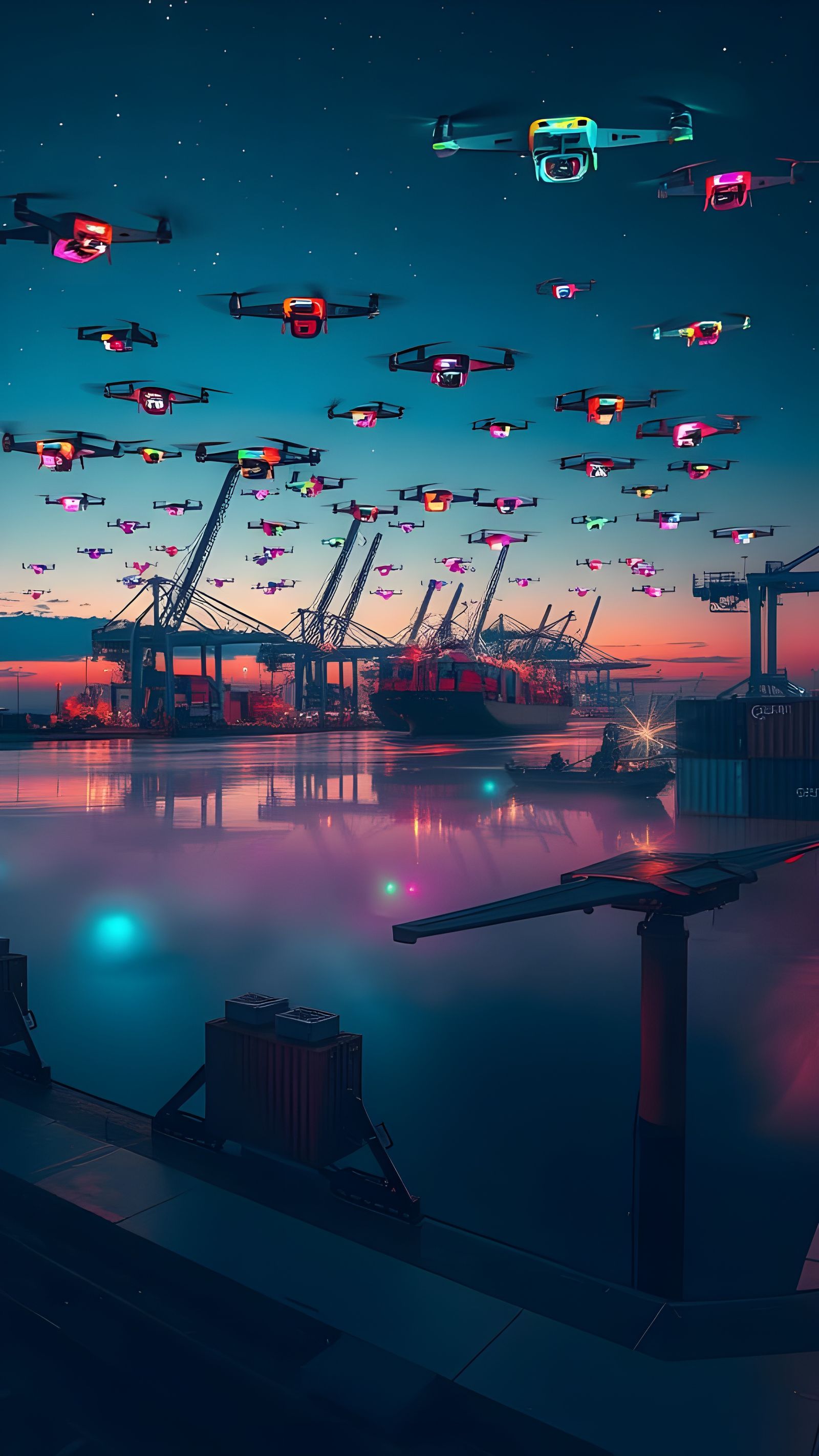 Neon-Lit Drones Dance Across Newark Bay in Cyberpunk Aesthet...