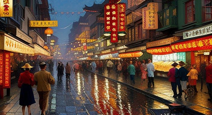 Chinatown by Thomas Kinkade, Norman Rockwell, Edward Hopper