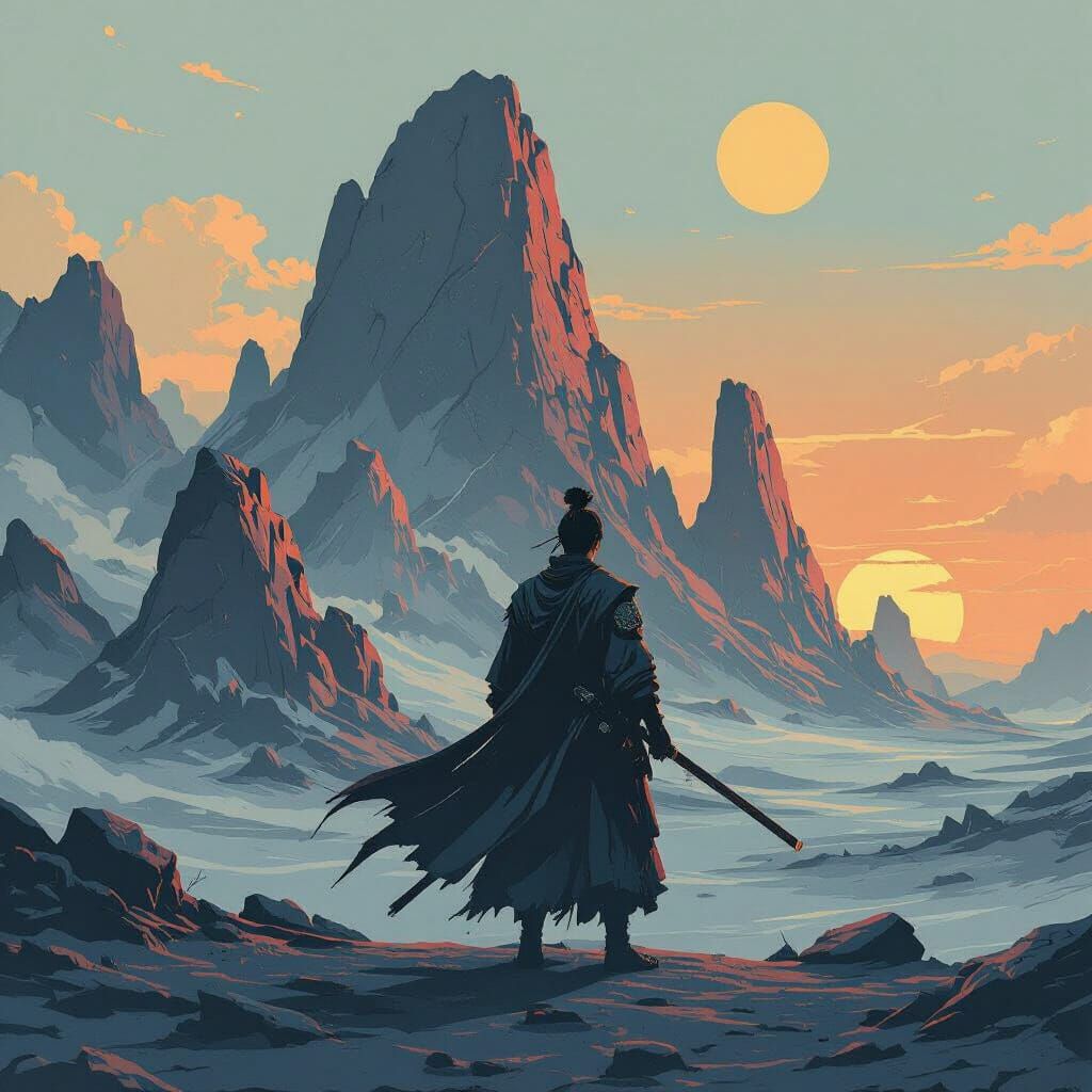 Samurai on Alien Desert Planet at Binary Sunset