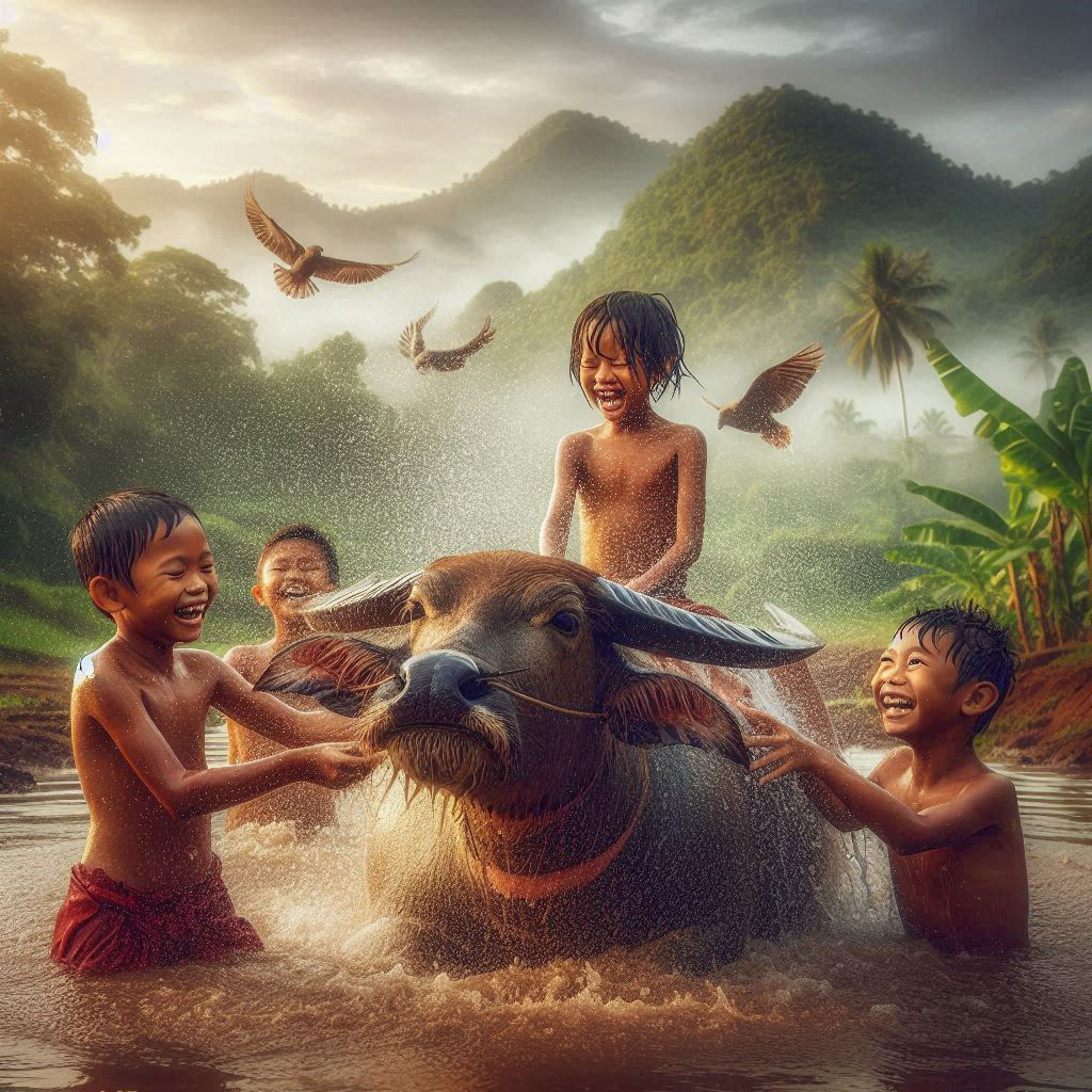 Indonesian children playing with a Buffalo (1)