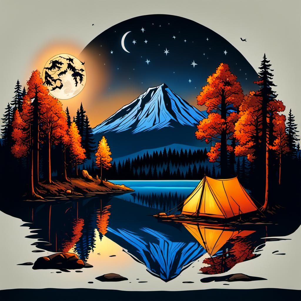 Very realistic, at the edge of a lake, a tent installed in a plain planted with maples and oaks, at the ...  by @bibi