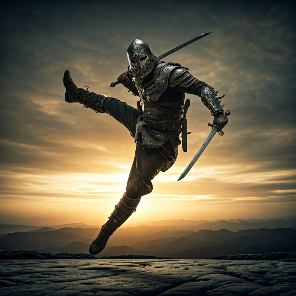 A jumping kick with swords in hand