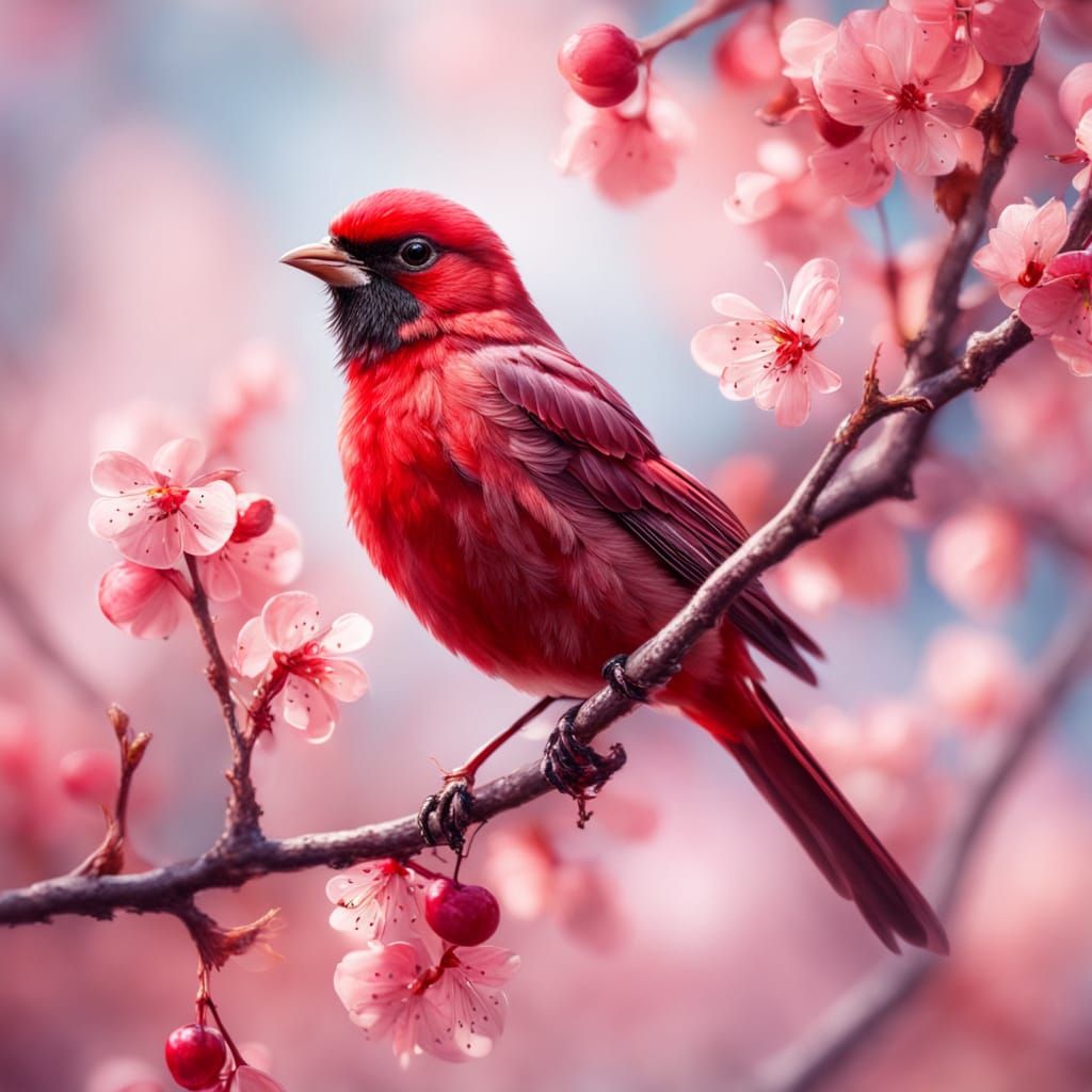 Red Bird on Cherry Branch in Oil Painting Style