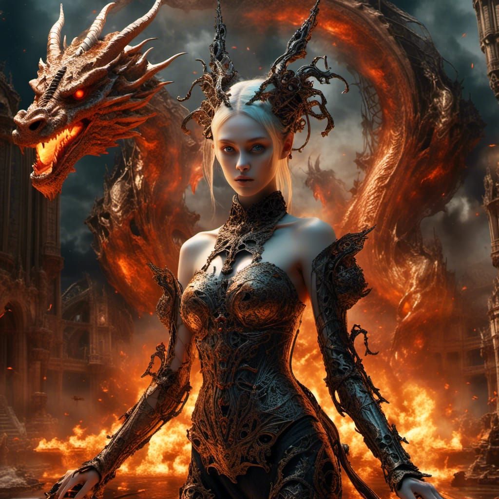 machine cyborg fire flames android young princess with asian dragon surrounded by fire flames by Luis Royo and Junji Ito and Kentaro Miura a...