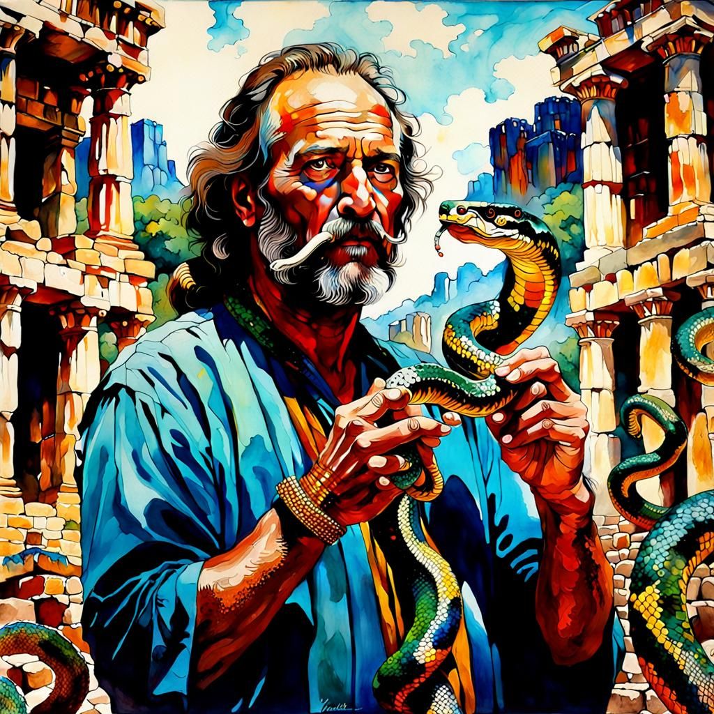 snake charmer, ancient ruins, elegant, alcohol ink, expressive brushstrokes, Greg Nicotero, hyperdetailed, ...  by @martkno