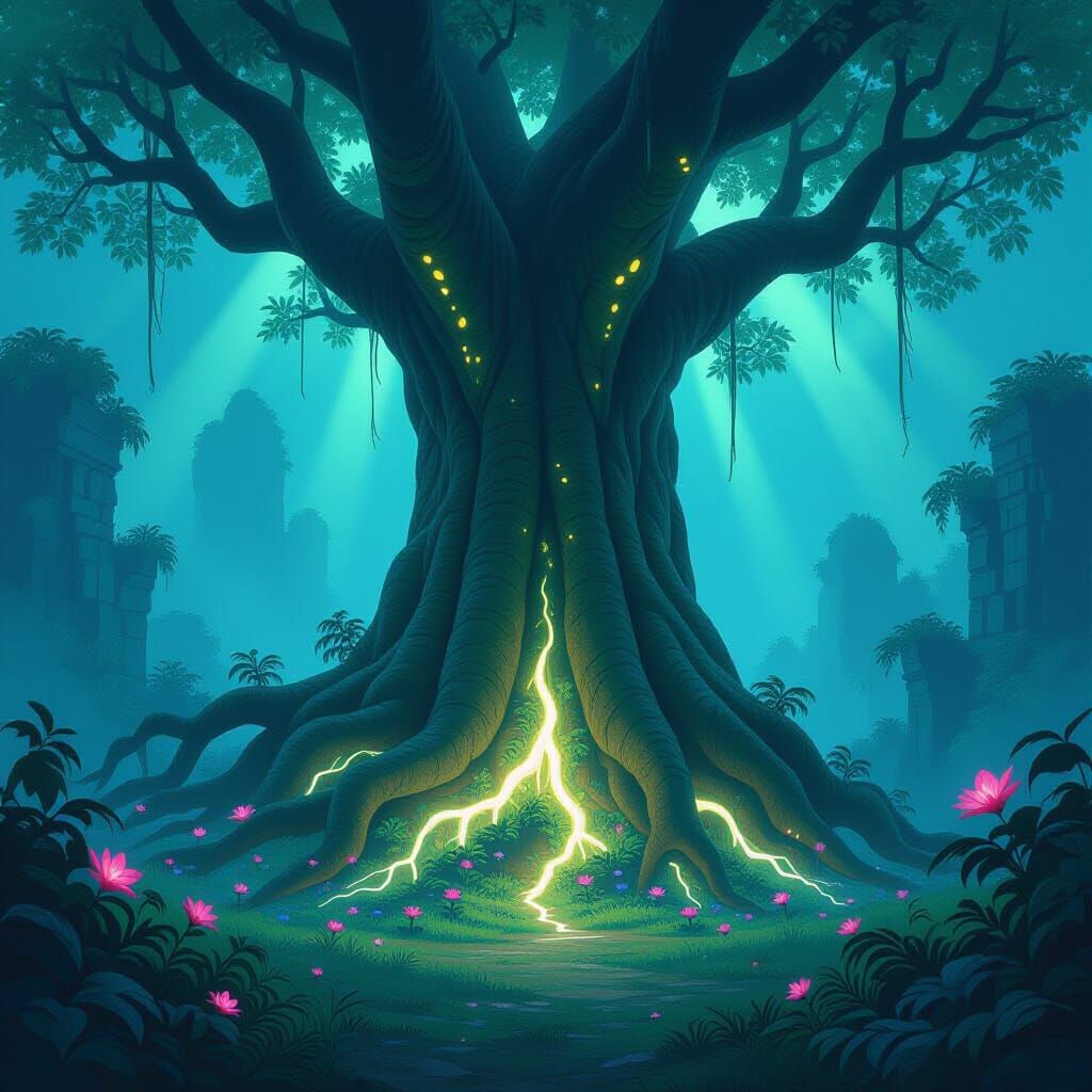 A colossal, ancient tree with bioluminescent roots