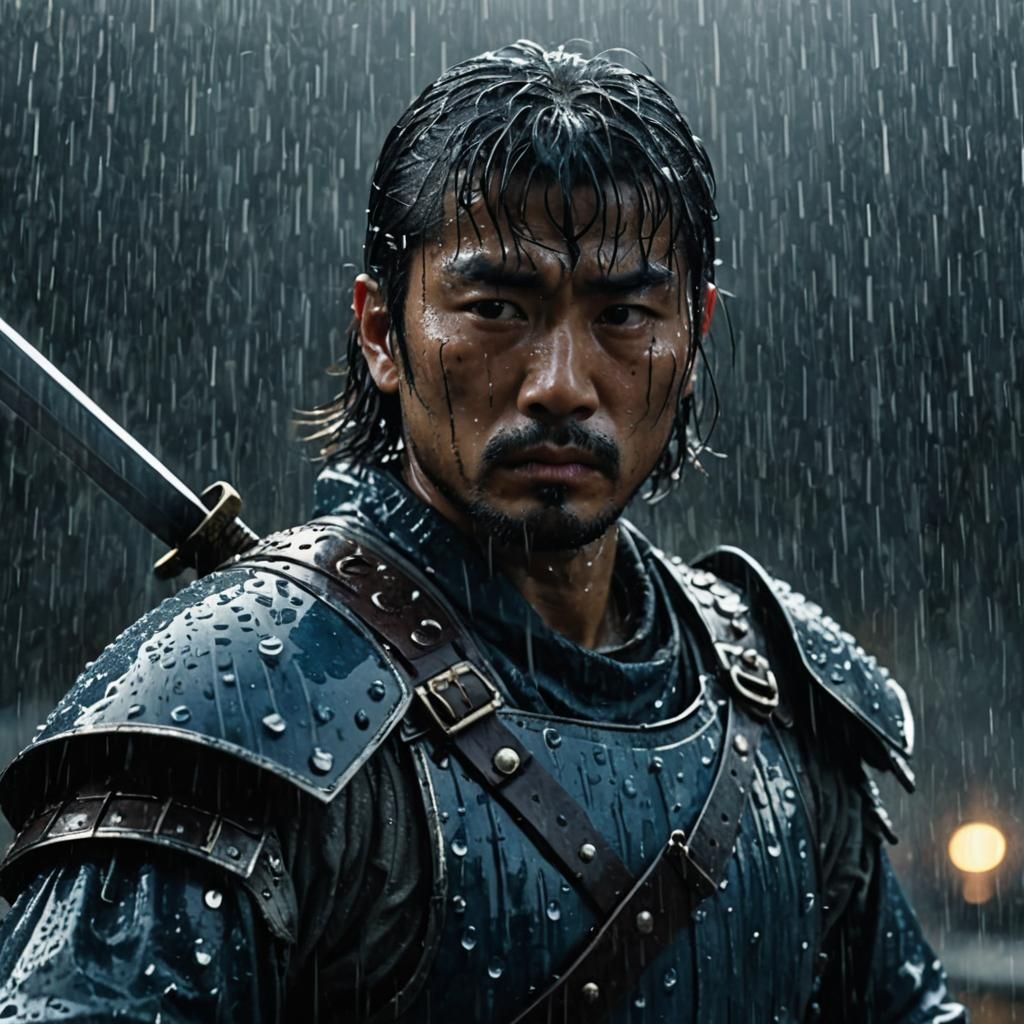 Lone Swordsman in Rain: A Cinematic Samurai Portrait