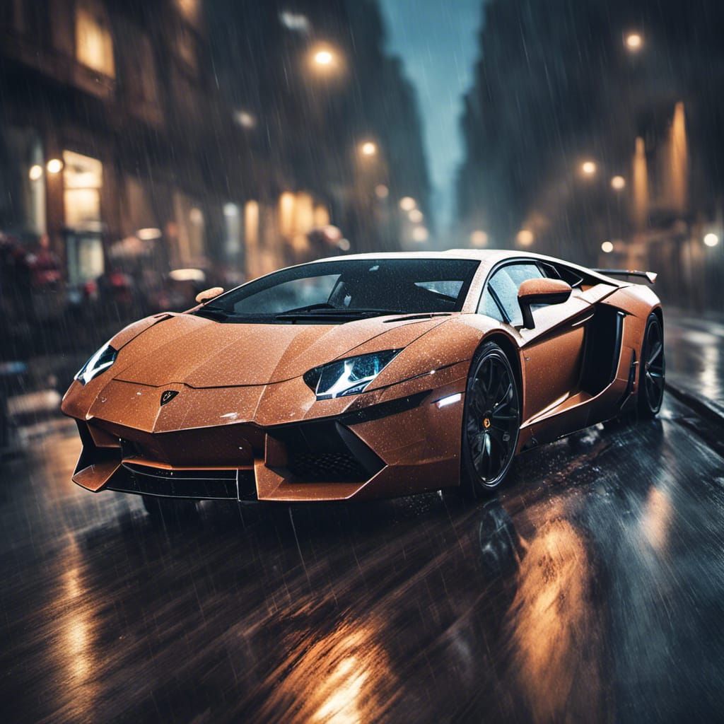 Lamborghini Aventador driving through rainy City, night, blurry ...