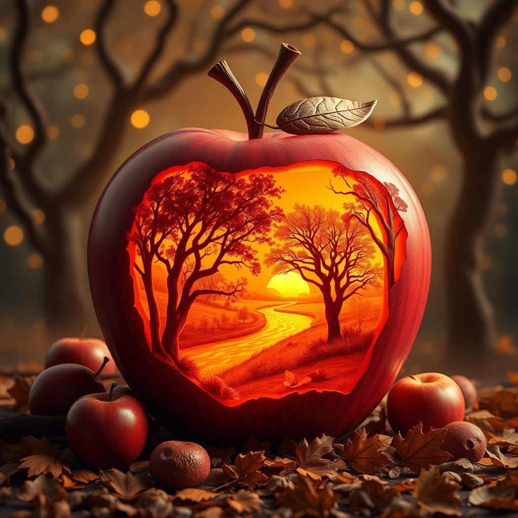 Realistic photo artwork featuring an extra-large, red apple as the central subject. The apple is styled with a detailed landscape scene carv...