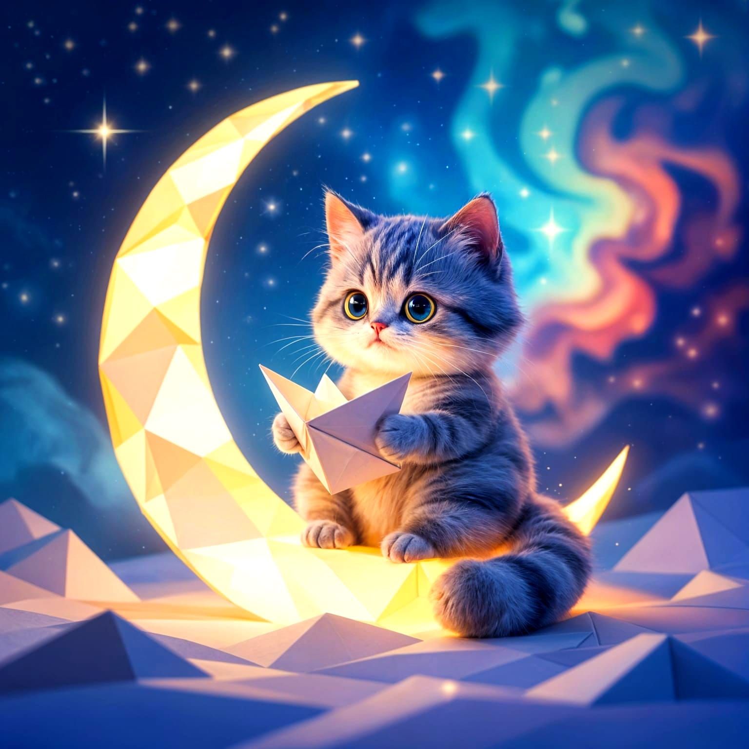 A whimsical scene of a cat meticulously folding an origami spaceship from a sheet of starlight. The cat sits on a crescent moon, surrounded ...