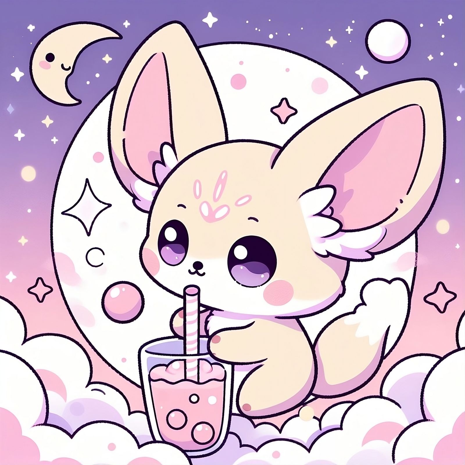 Kawaii Smol Fennex Fox drinking a boba✨