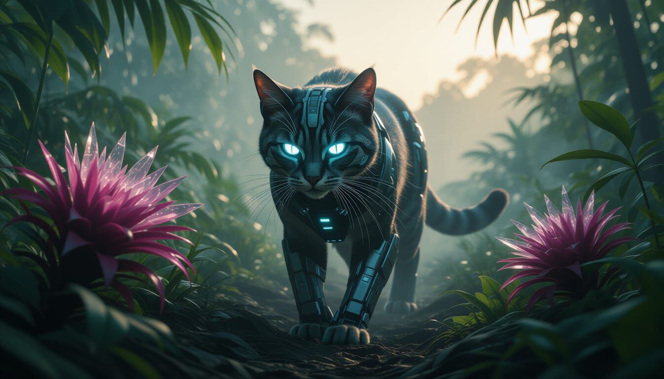 A cyborg feline hybrid, with glowing cybernetic eyes and sleek, metallic fur, stalks through a dense, overgrown jungle at dawn. Exotic, alie...