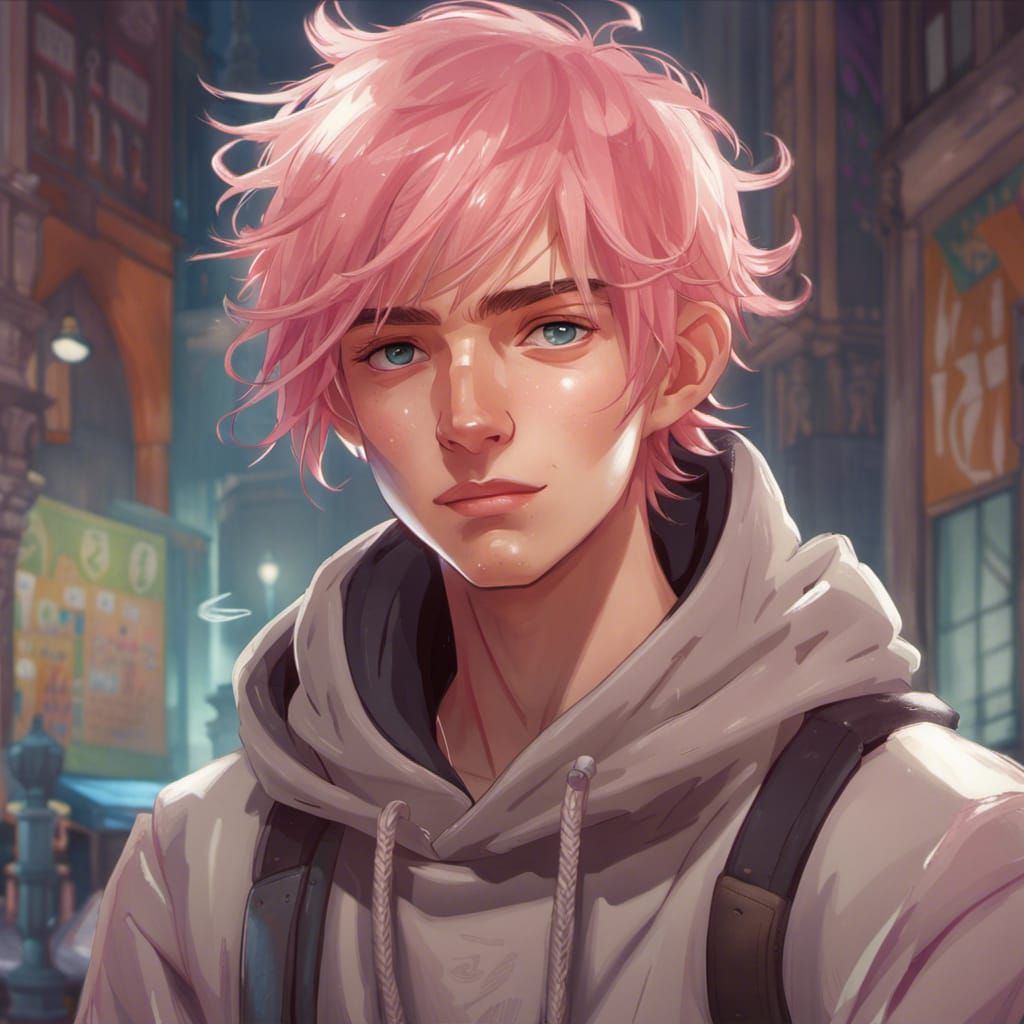 Anime boy 
Light Pink hair
hoodie
Blue eyes
Freckles
small s...
