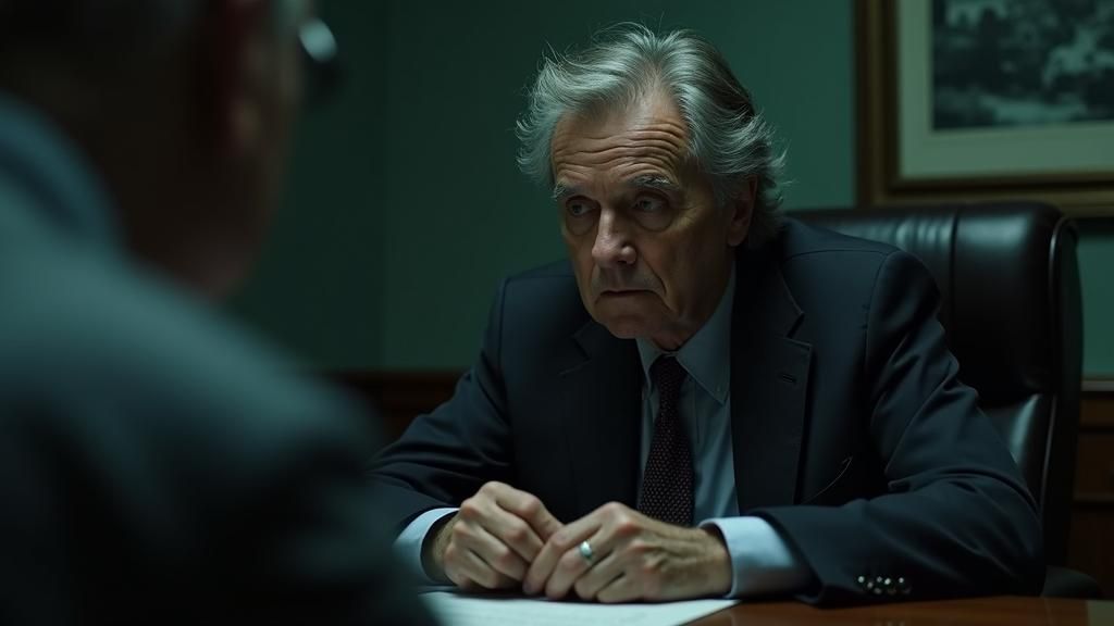 "James (mid-40s, tired eyes, disheveled graying hair, worn face in a suit) looking more ethereal listening intently to a patient describing...