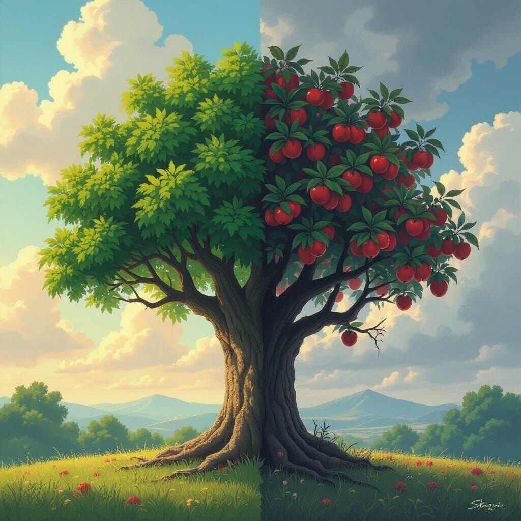 A tree whose one part is on the sunny side and is lively, green, has beautiful leaves. and other half of the plant is on the cloudy side, is...