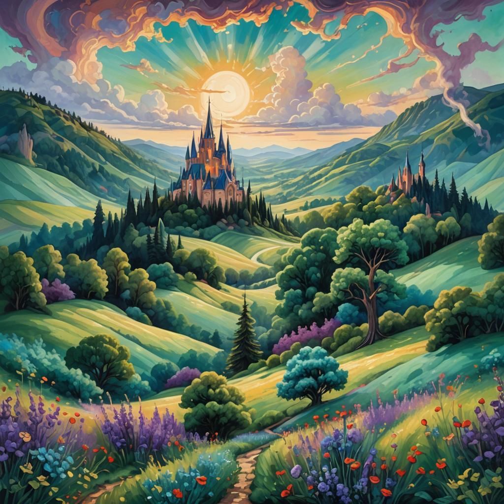 Mystical Blue Realm: Detailed Oil Painting Landscape
