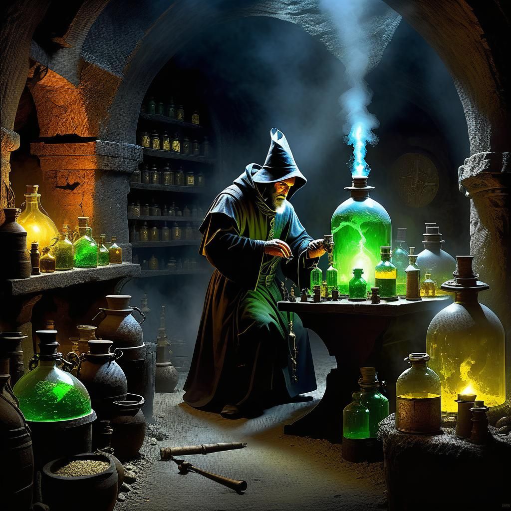 Imaginative depiction of an alchemist at work in a hidden me...