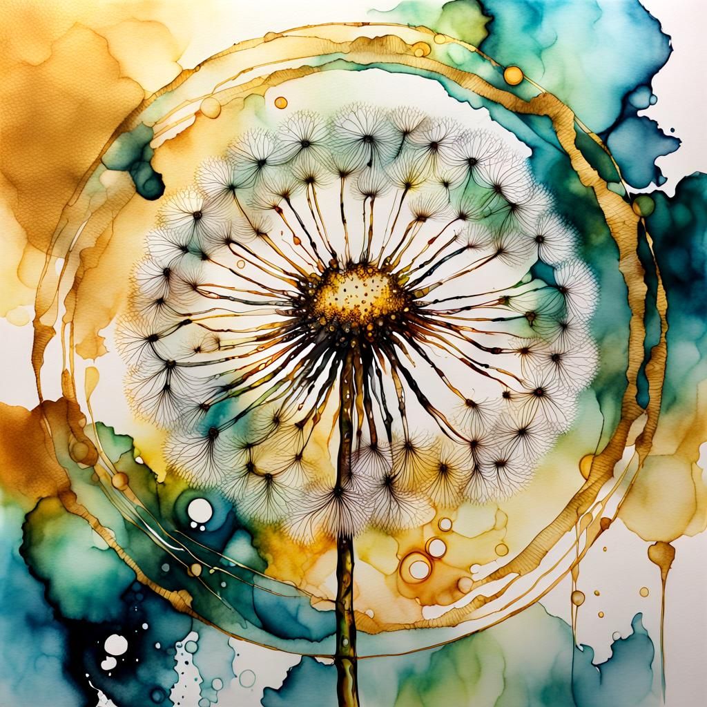 Dandelion, watercolor and ink.  by @BelgiumJumpAI