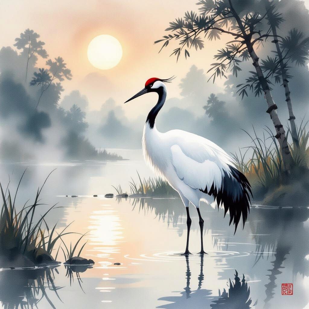 Majestic Japanese Crane in Serene Wetland at Dawn