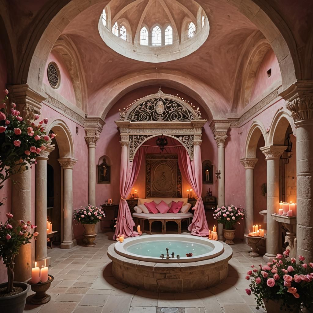 medieval room with royal designed bathing place at the middl...