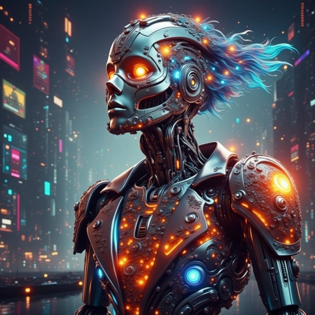 Photorealistic Cyborg in Neon Futuristic Cityscape